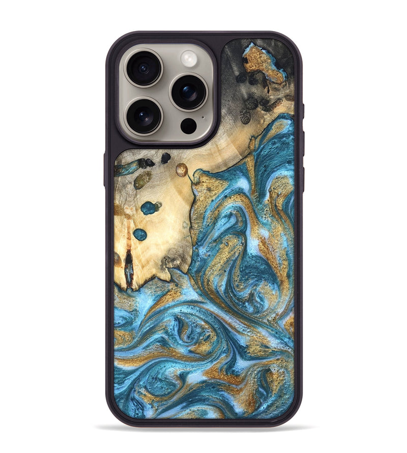 iPhone 15 Pro Max Wood Phone Case - Tamiko (Teal & Gold, 819924)