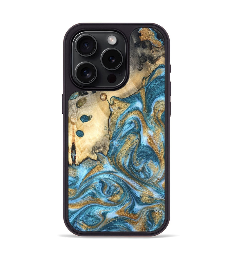 iPhone 15 Pro Wood Phone Case - Tamiko (Teal & Gold, 819924)