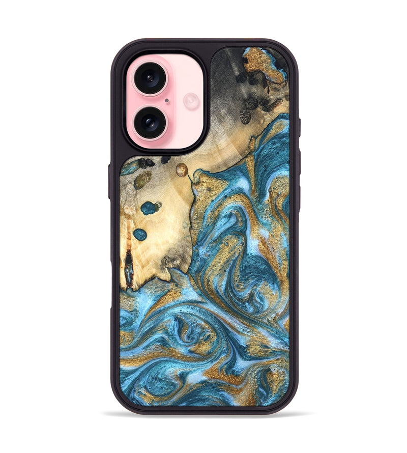 iPhone 16 Wood Phone Case - Tamiko (Teal & Gold, 819924)
