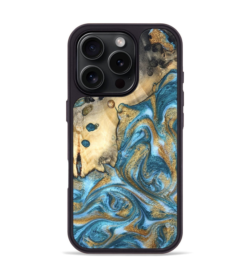 iPhone 16 Pro Wood Phone Case - Tamiko (Teal & Gold, 819924)
