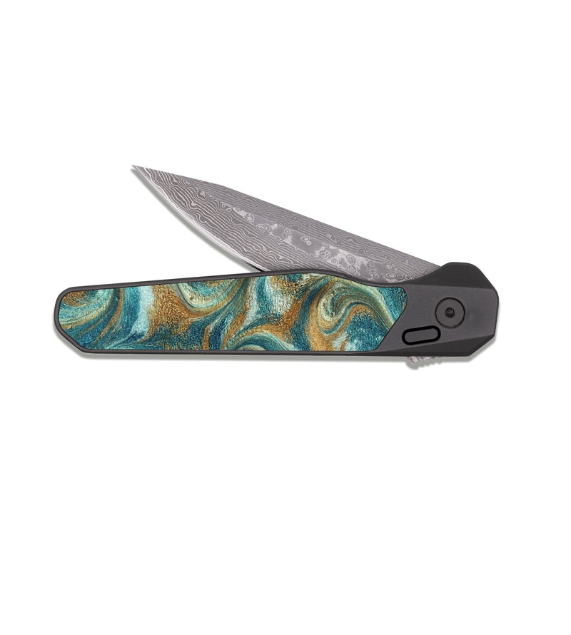 EDC Dark Damascus ResinArt Pocket Knife - Cora (Teal & Gold, 819925)