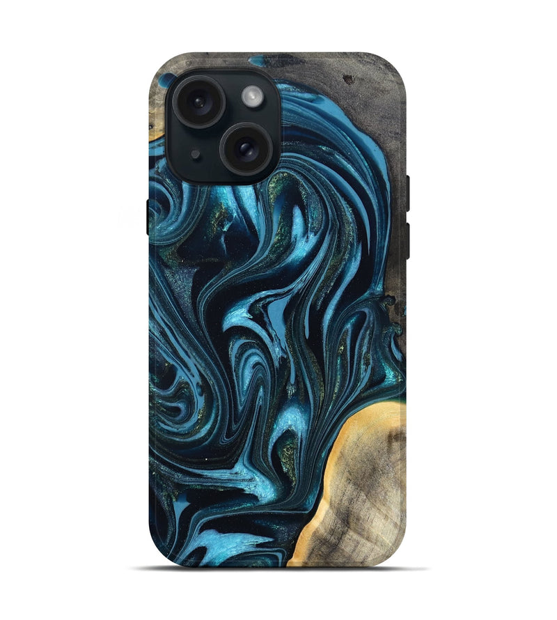 iPhone 15 Wood Live Edge Phone Case - Tanner (Blue, 819974)
