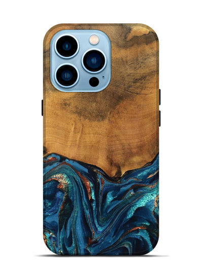 iPhone 14 Pro Wood Live Edge Phone Case - Avis (Teal & Gold, 819985)