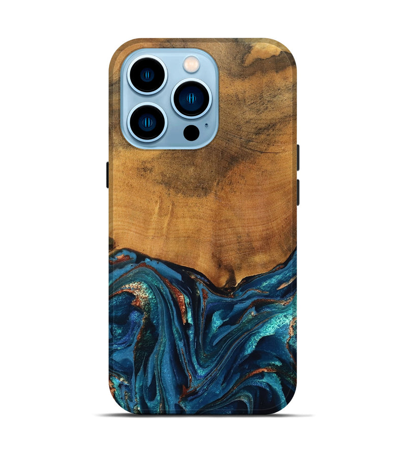 iPhone 14 Pro Wood Live Edge Phone Case - Avis (Teal & Gold, 819985)