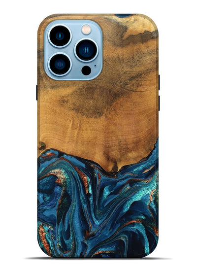 iPhone 14 Pro Max Wood Live Edge Phone Case - Avis (Teal & Gold, 819985)