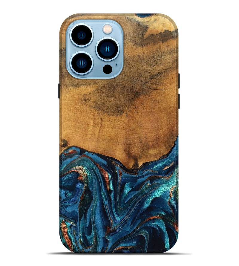 iPhone 14 Pro Max Wood Live Edge Phone Case - Avis (Teal & Gold, 819985)