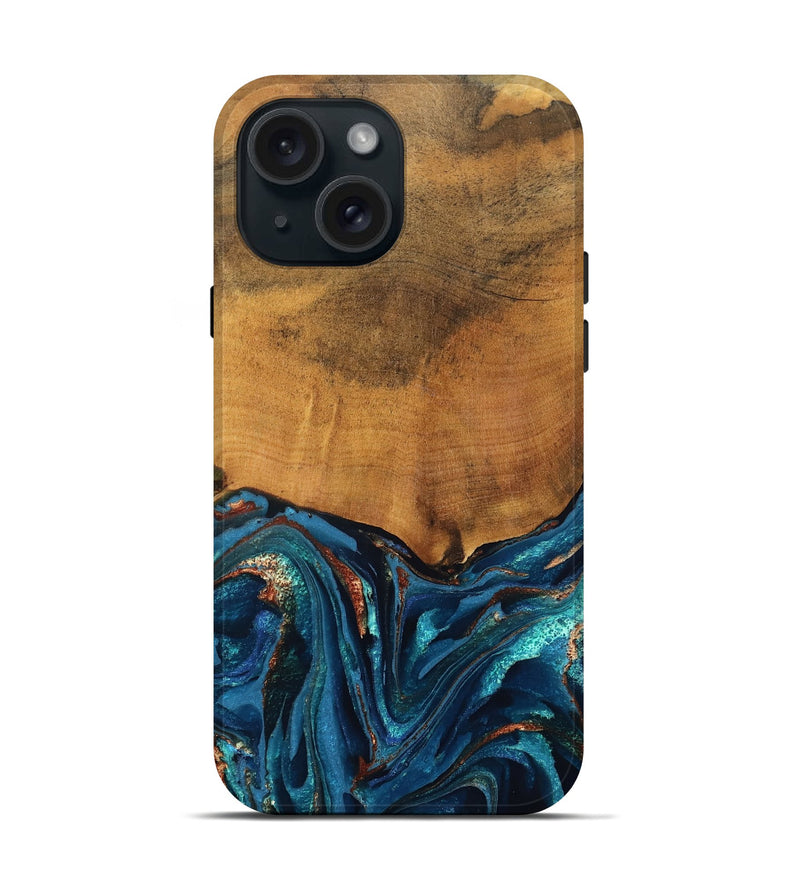 iPhone 15 Wood Live Edge Phone Case - Avis (Teal & Gold, 819985)