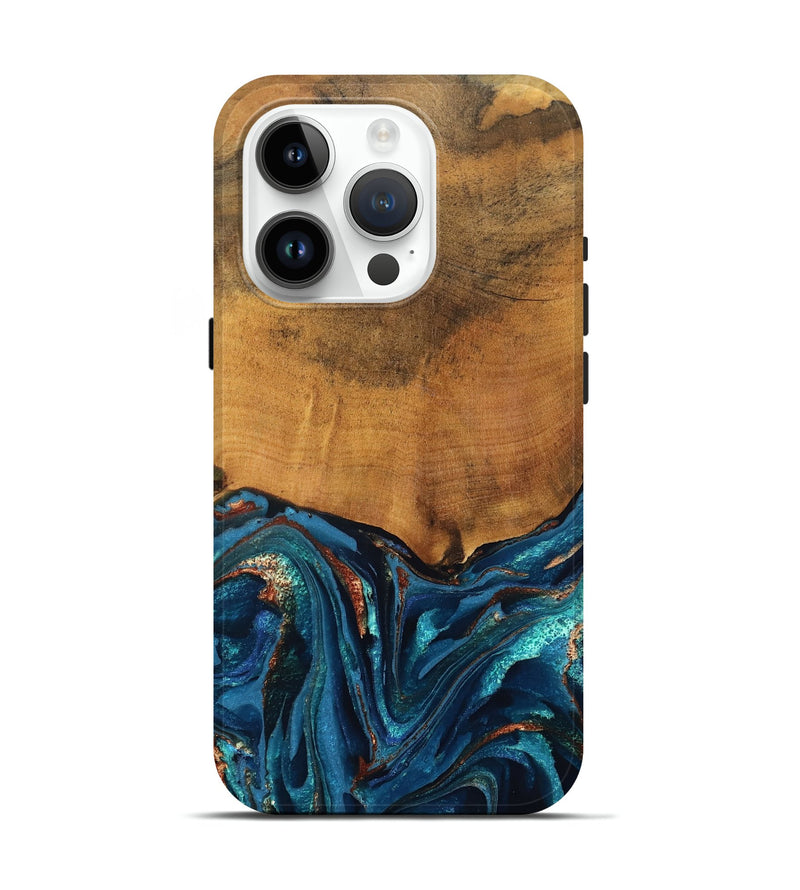 iPhone 15 Pro Wood Live Edge Phone Case - Avis (Teal & Gold, 819985)