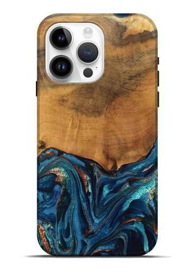 iPhone 15 Pro Max Wood Live Edge Phone Case - Avis (Teal & Gold, 819985)