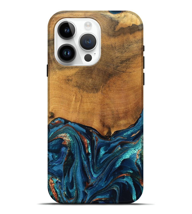 iPhone 15 Pro Max Wood Live Edge Phone Case - Avis (Teal & Gold, 819985)