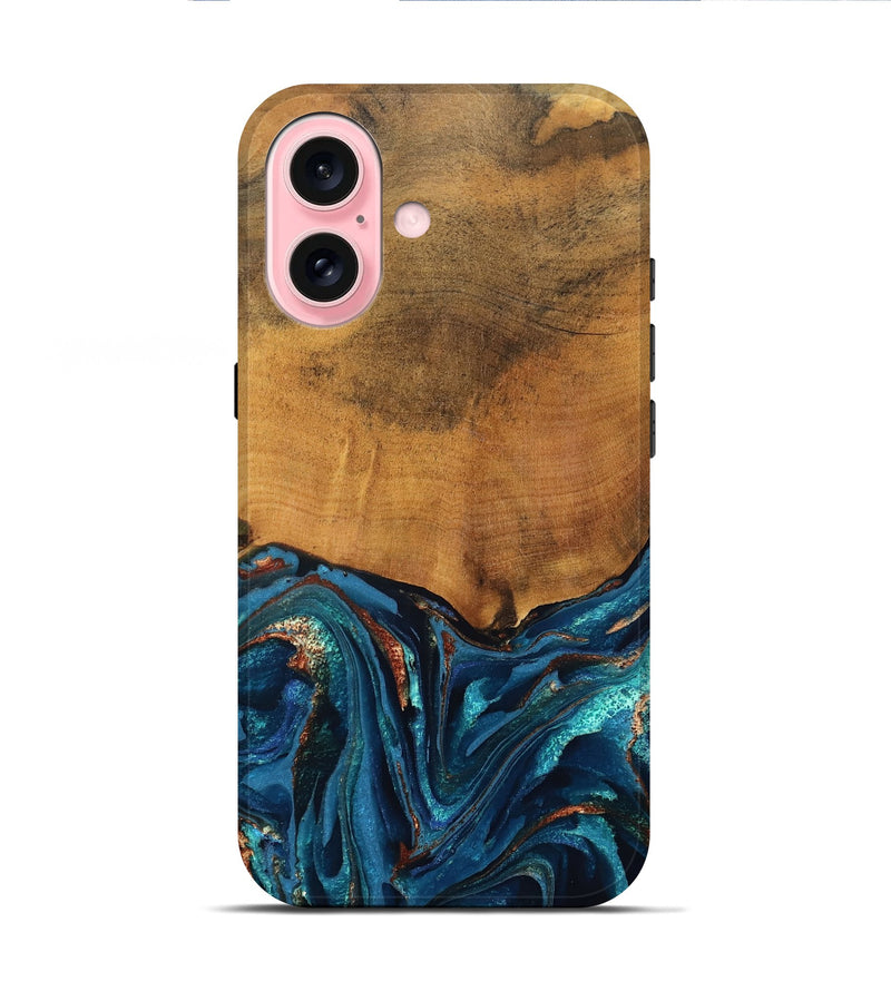 iPhone 16 Wood Live Edge Phone Case - Avis (Teal & Gold, 819985)