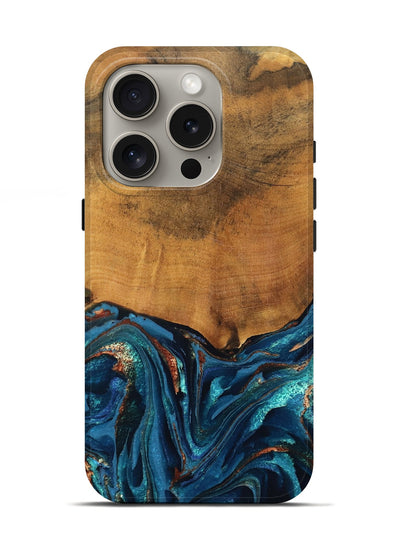 iPhone 16 Pro Wood Live Edge Phone Case - Avis (Teal & Gold, 819985)