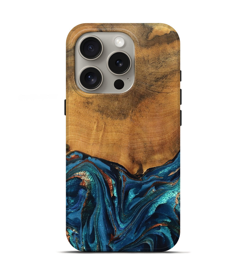iPhone 16 Pro Wood Live Edge Phone Case - Avis (Teal & Gold, 819985)