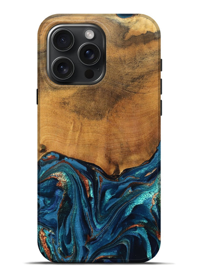 iPhone 16 Pro Max Wood Live Edge Phone Case - Avis (Teal & Gold, 819985)