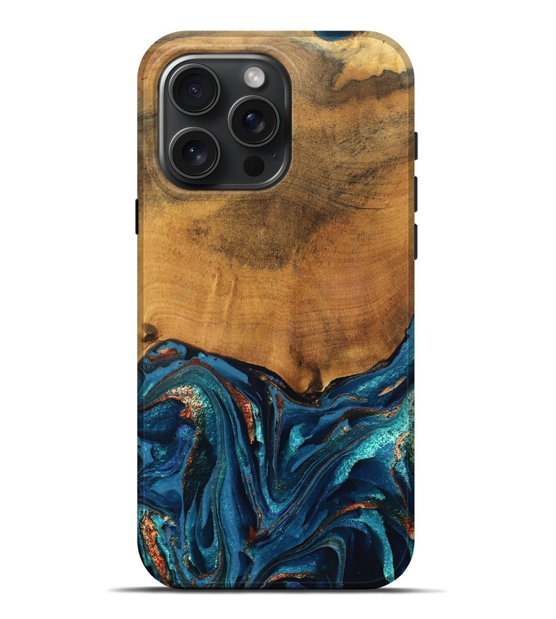 iPhone 16 Pro Max Wood Live Edge Phone Case - Avis (Teal & Gold, 819985)
