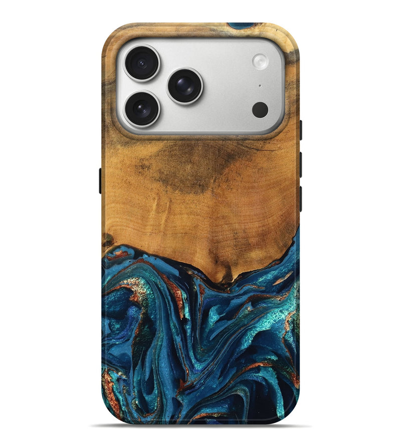 iPhone 17 Pro Max Wood Live Edge Phone Case - Avis (Teal & Gold, 819985)