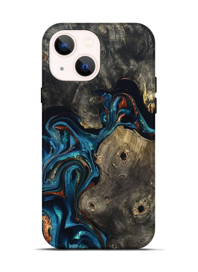 iPhone 14 Wood Live Edge Phone Case - Harlow (Teal & Gold, 819986)