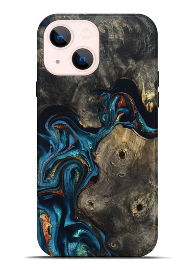 iPhone 14 Plus Wood Live Edge Phone Case - Harlow (Teal & Gold, 819986)