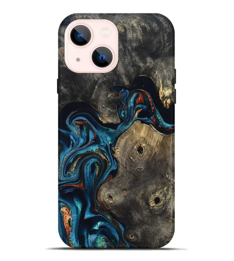 iPhone 14 Plus Wood Live Edge Phone Case - Harlow (Teal & Gold, 819986)