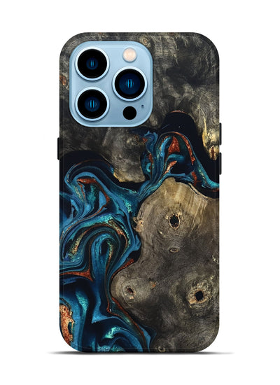 iPhone 14 Pro Wood Live Edge Phone Case - Harlow (Teal & Gold, 819986)