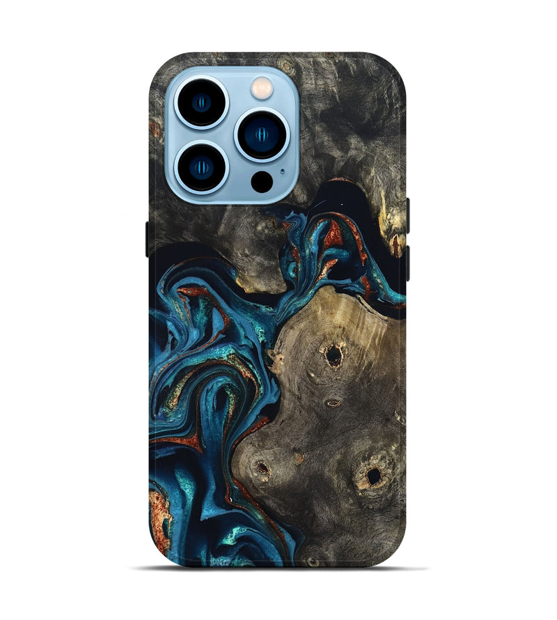 iPhone 14 Pro Wood Live Edge Phone Case - Harlow (Teal & Gold, 819986)
