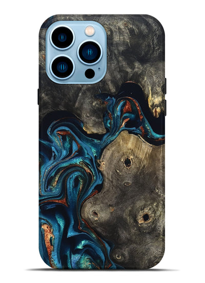 iPhone 14 Pro Max Wood Live Edge Phone Case - Harlow (Teal & Gold, 819986)