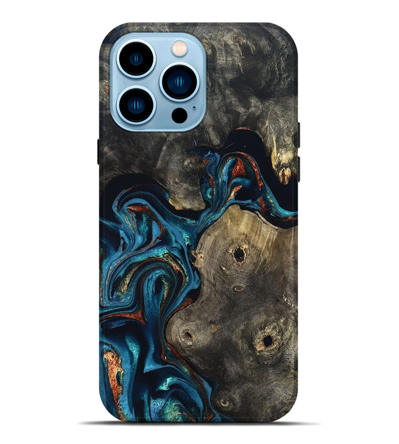 iPhone 14 Pro Max Wood Live Edge Phone Case - Harlow (Teal & Gold, 819986)