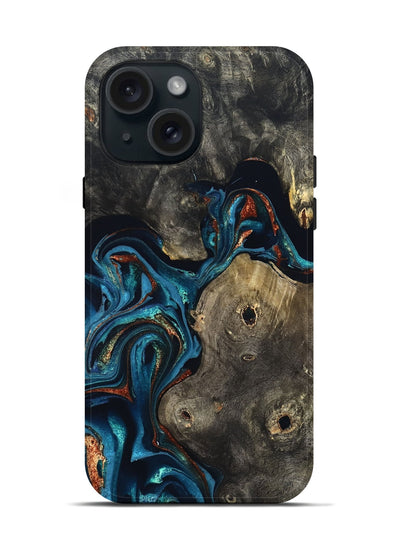 iPhone 15 Wood Live Edge Phone Case - Harlow (Teal & Gold, 819986)