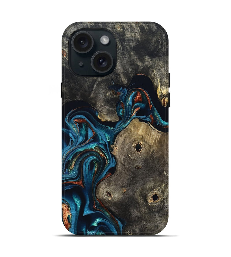 iPhone 15 Wood Live Edge Phone Case - Harlow (Teal & Gold, 819986)