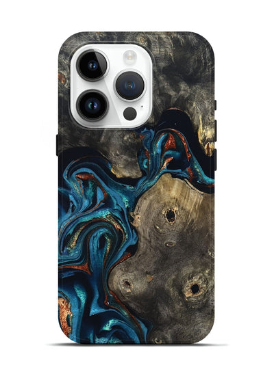 iPhone 15 Pro Wood Live Edge Phone Case - Harlow (Teal & Gold, 819986)