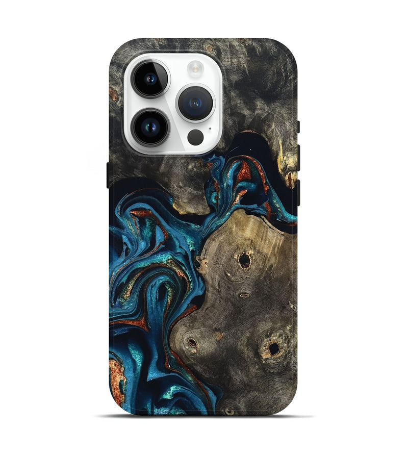 iPhone 15 Pro Wood Live Edge Phone Case - Harlow (Teal & Gold, 819986)