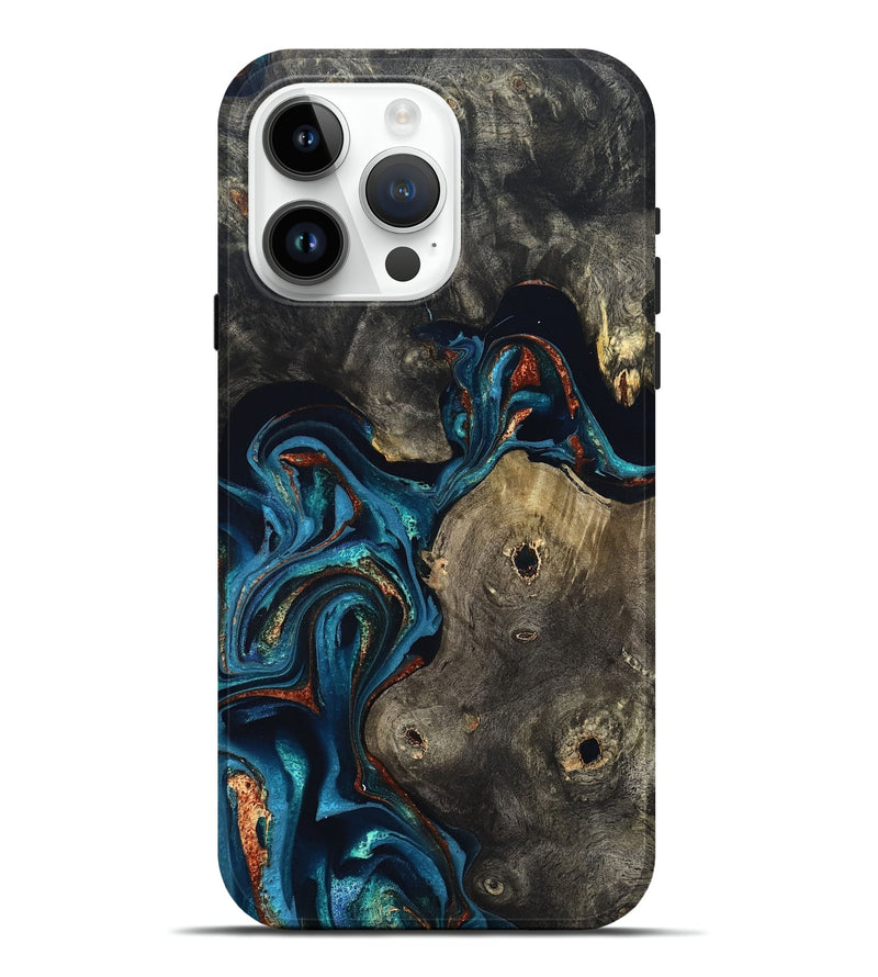iPhone 15 Pro Max Wood Live Edge Phone Case - Harlow (Teal & Gold, 819986)