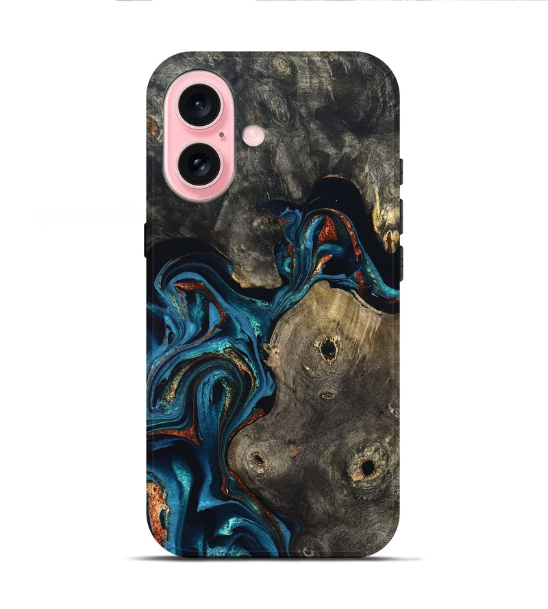 iPhone 16 Wood Live Edge Phone Case - Harlow (Teal & Gold, 819986)