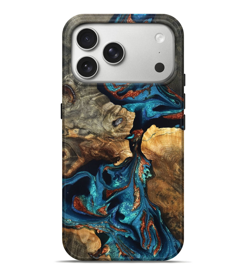 iPhone 17 Pro Max Wood Live Edge Phone Case - Frank (Teal & Gold, 819987)