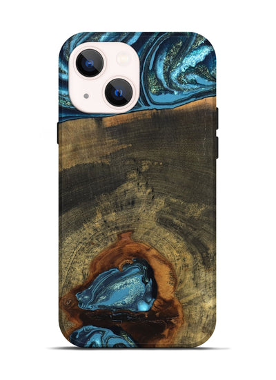 iPhone 14 Wood Live Edge Phone Case - Cole (Teal & Gold, 819988)