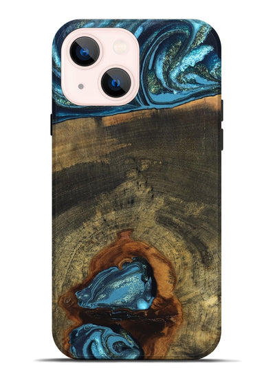 iPhone 14 Plus Wood Live Edge Phone Case - Cole (Teal & Gold, 819988)