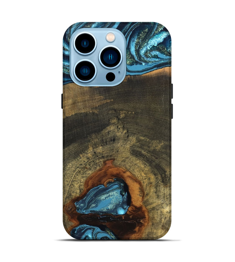 iPhone 14 Pro Wood Live Edge Phone Case - Cole (Teal & Gold, 819988)