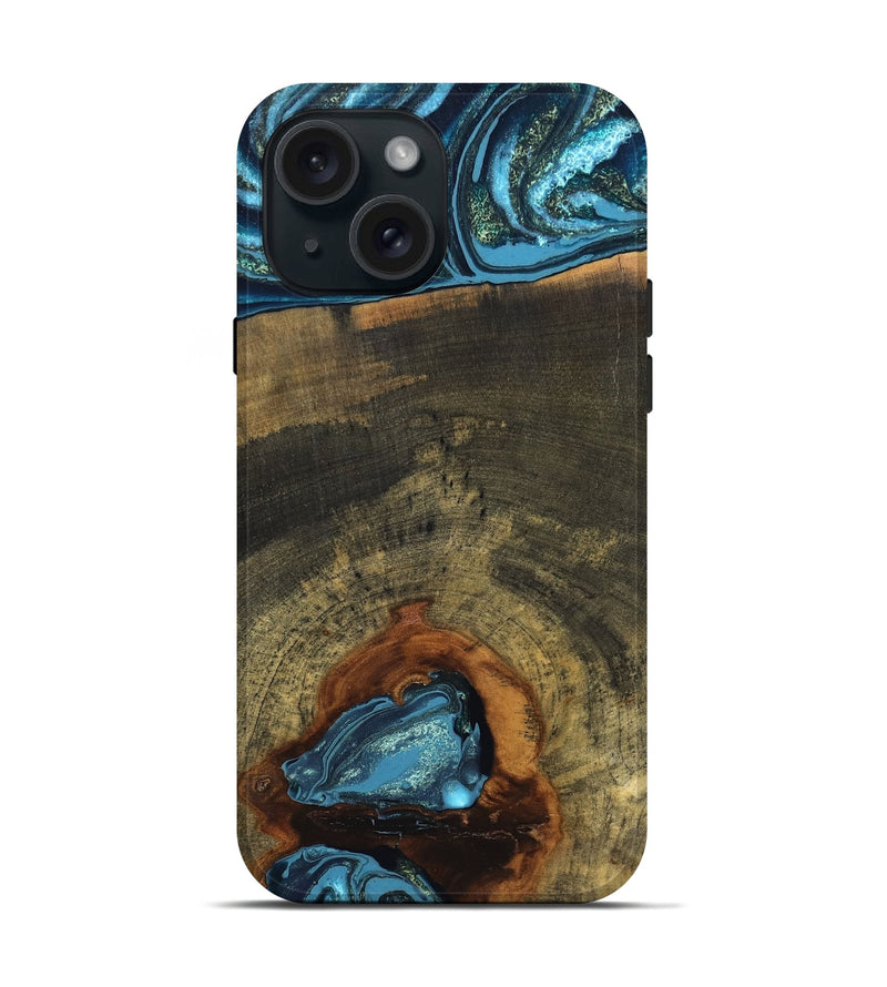 iPhone 15 Wood Live Edge Phone Case - Cole (Teal & Gold, 819988)