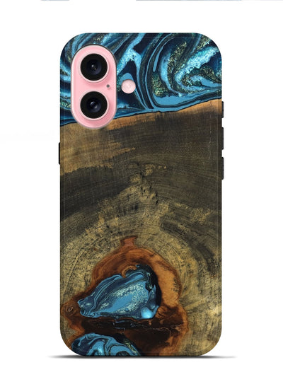 iPhone 16 Wood Live Edge Phone Case - Cole (Teal & Gold, 819988)