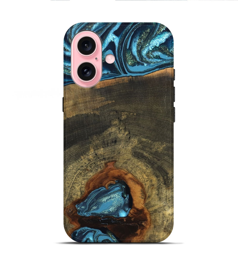 iPhone 16 Wood Live Edge Phone Case - Cole (Teal & Gold, 819988)