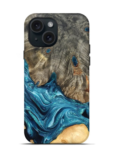 iPhone 15 Wood Live Edge Phone Case - Tera (Blue, 819998)