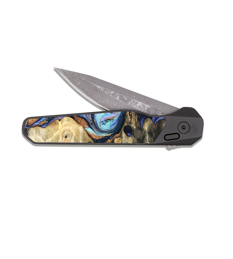 EDC Dark Damascus Wood Pocket Knife - Darrin (Teal & Gold, 820114)