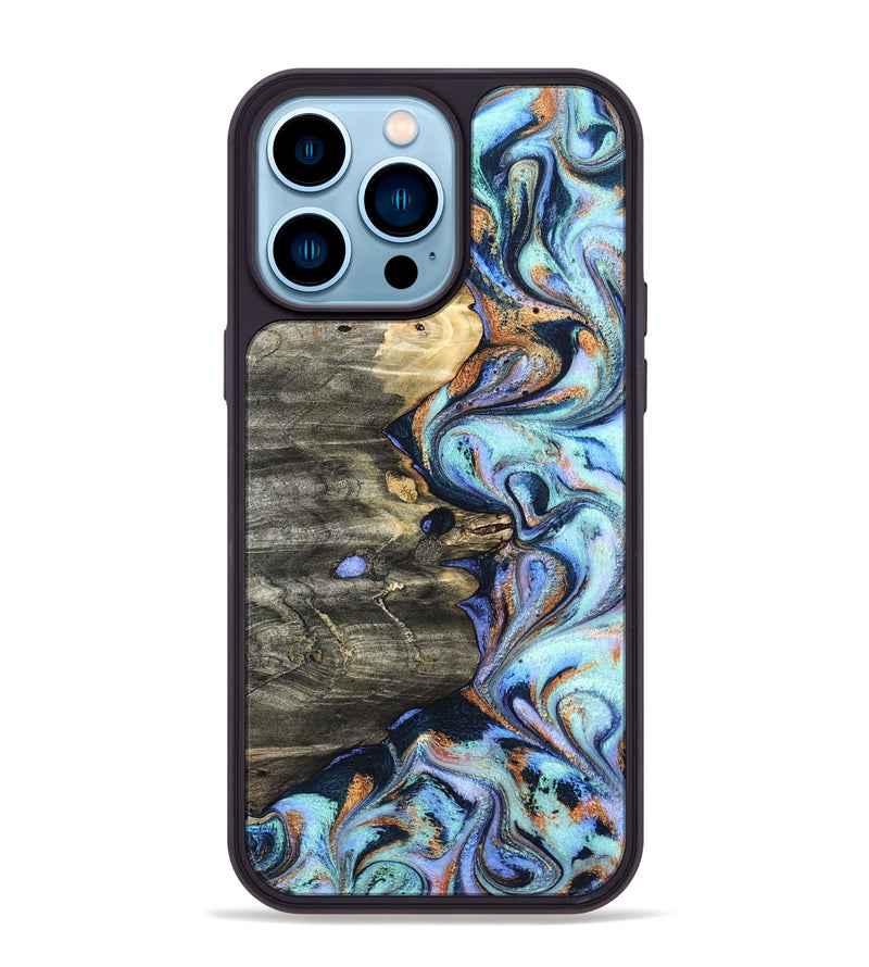 iPhone 14 Pro Max Wood Phone Case - Darrin (Teal & Gold, 820114)