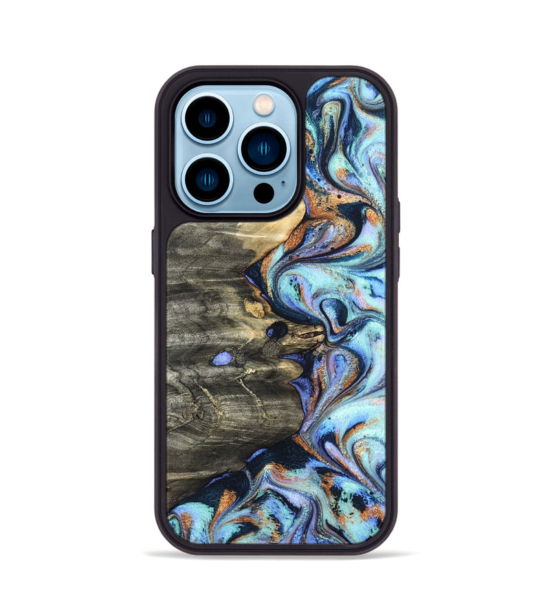 iPhone 14 Pro Wood Phone Case - Darrin (Teal & Gold, 820114)