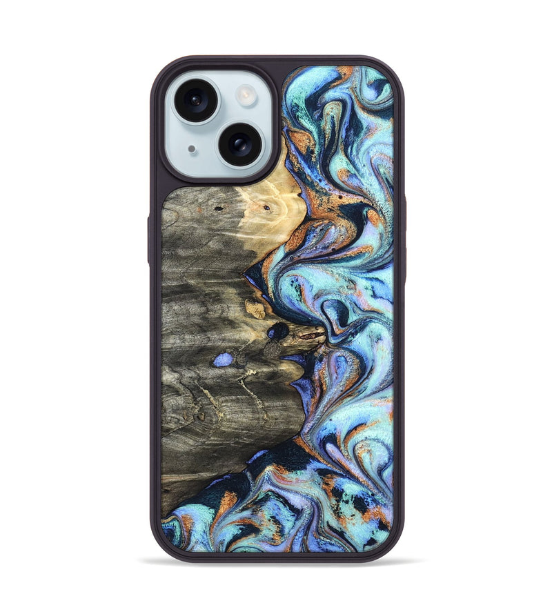 iPhone 15 Wood Phone Case - Darrin (Teal & Gold, 820114)