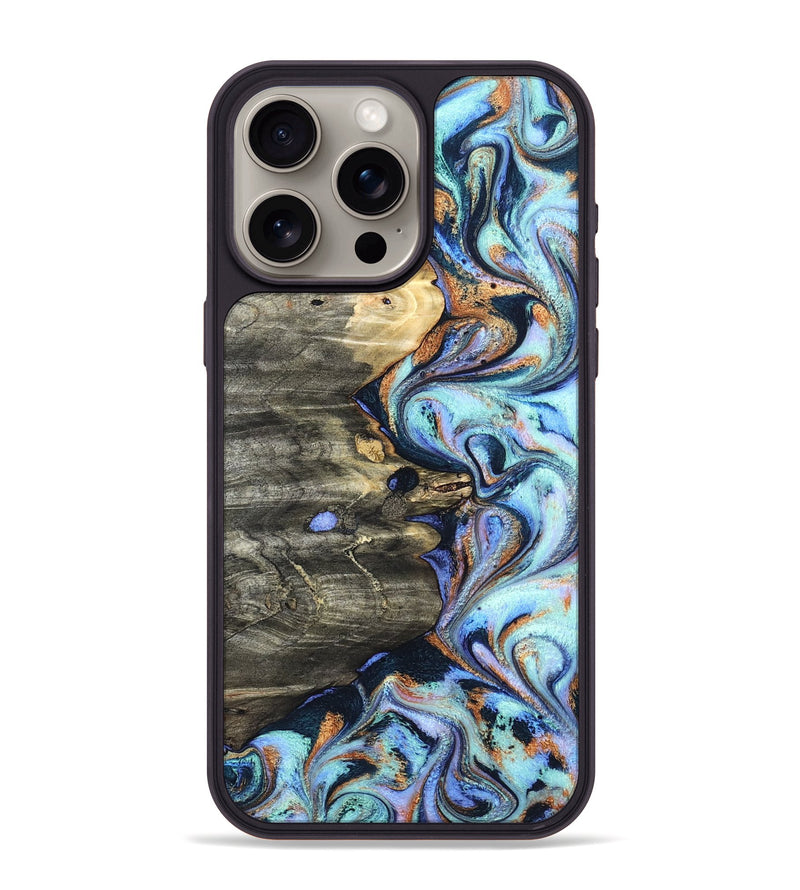 iPhone 15 Pro Max Wood Phone Case - Darrin (Teal & Gold, 820114)