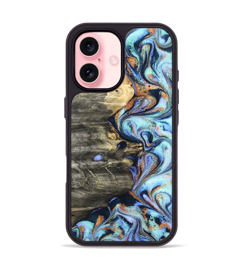 iPhone 16 Wood Phone Case - Darrin (Teal & Gold, 820114)
