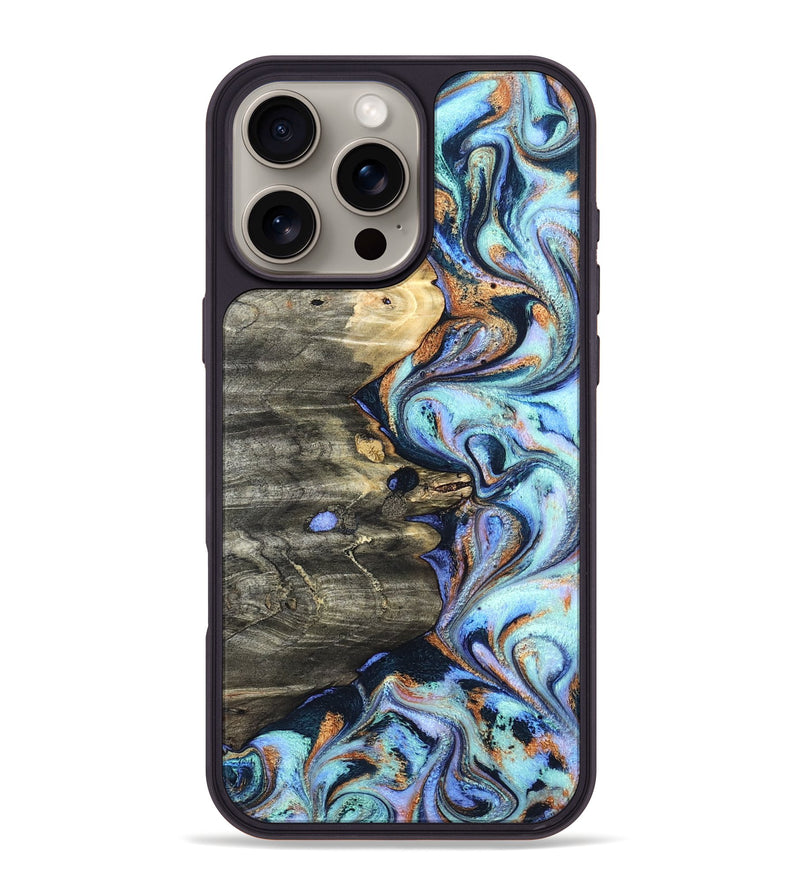 iPhone 16 Pro Max Wood Phone Case - Darrin (Teal & Gold, 820114)