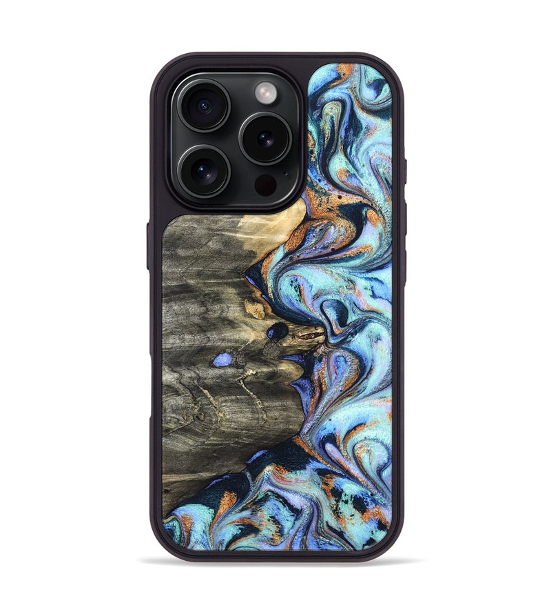 iPhone 16 Pro Wood Phone Case - Darrin (Teal & Gold, 820114)