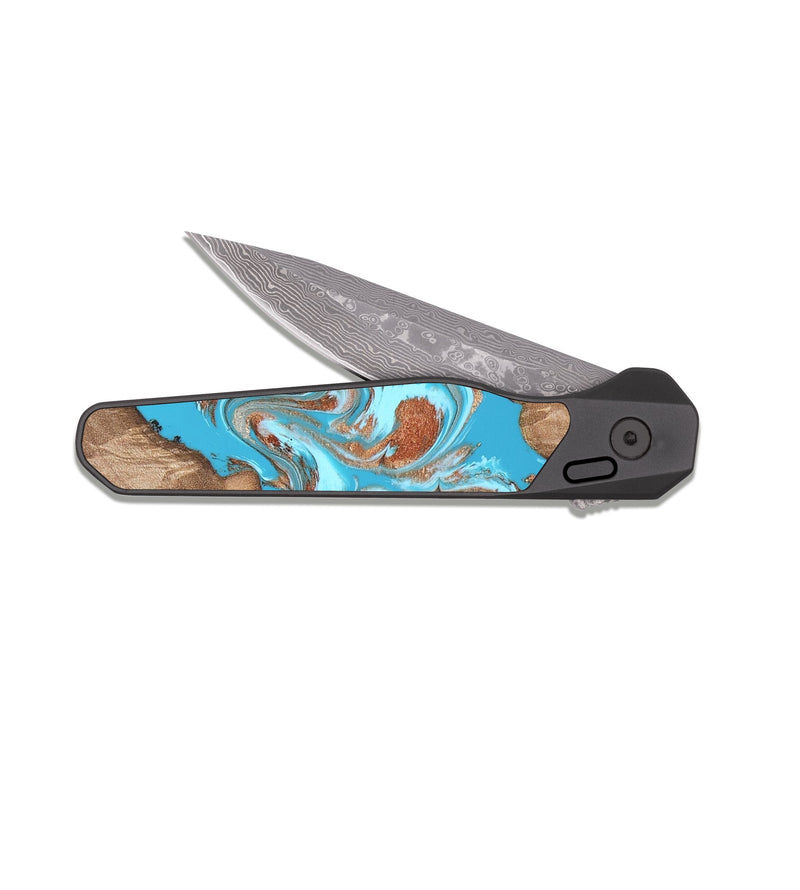 EDC Dark Damascus Wood Pocket Knife - Angelo (Teal & Gold, 820115)